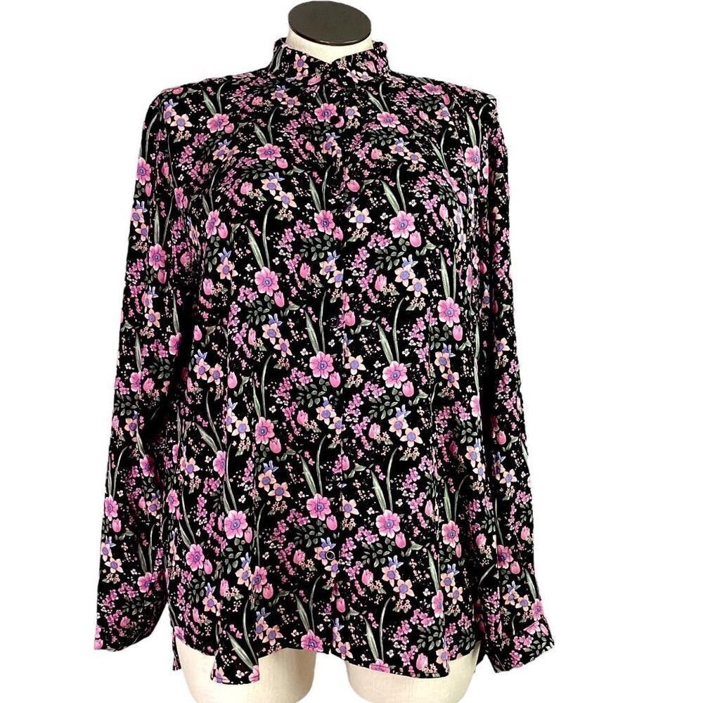 Big Dart Shirt Women M L Black Pink Floral Button Up Long Sleeve OVERSIZED NEW